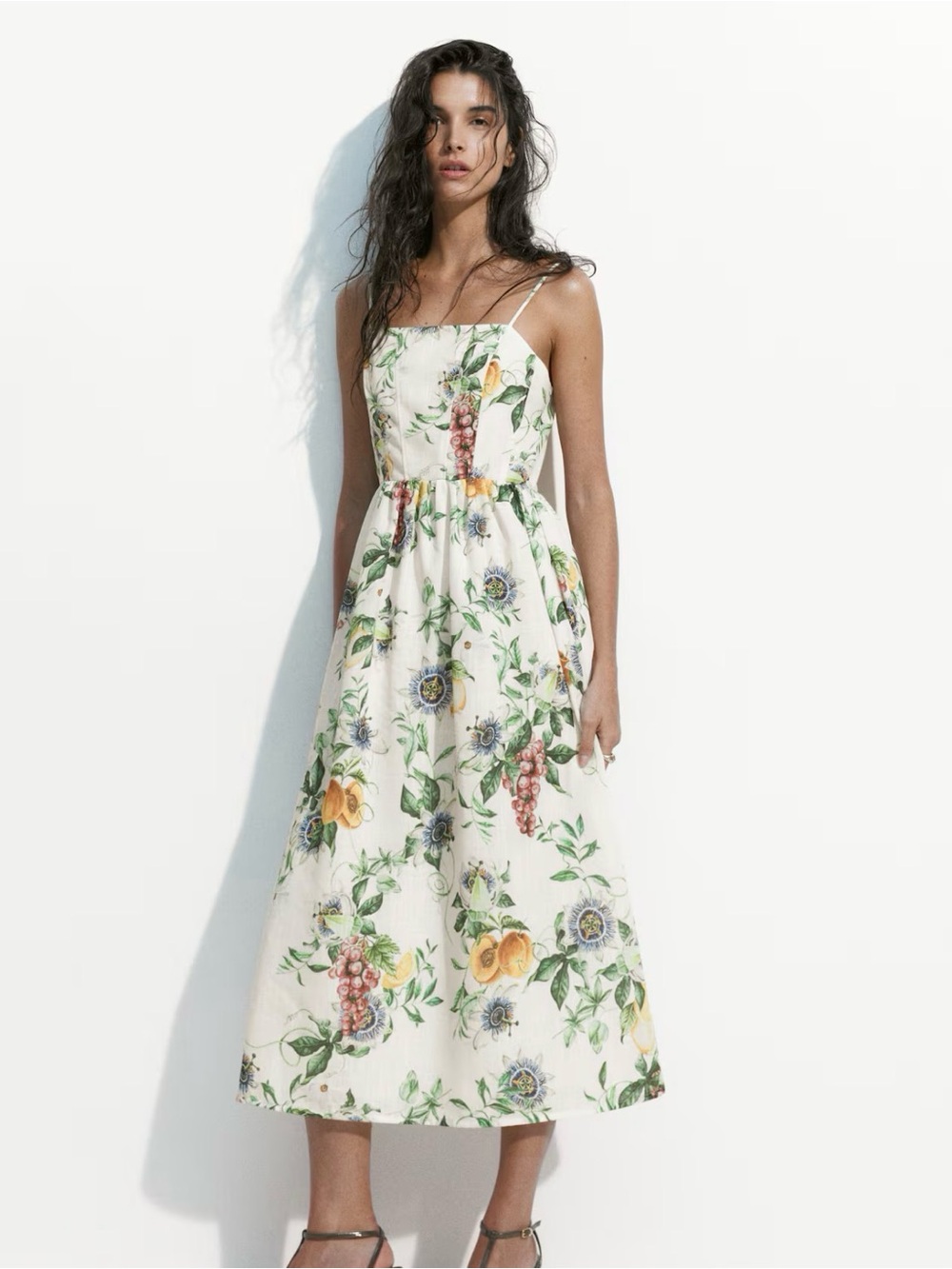 H&M White Lemon & Botanical Print Spaghetti-Strap Maxi Dress